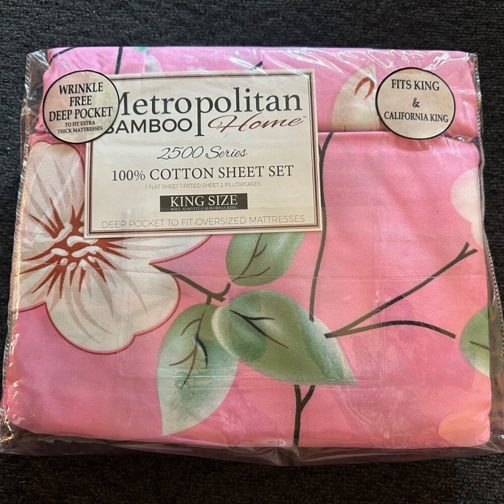 Metropolitan Bamboo Home King Sheet Set 2500 T.C. Egyptian Cotton-Pink Flowers